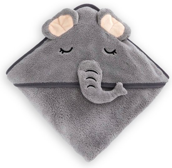 Le Petit Leo Baby Badcape - Baby Fleece handdoek - Grijs - Olifant Omslagdoek - met Capuchon 80x80cm van Merkloos