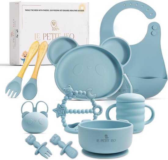Le Petit Leo Siliconen Kinderservies Set - 10-delig - Kraamcadeau – Blauw - Panda van Le Petit Leo