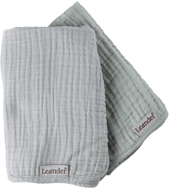 Leander Hydrofiele Doeken Organic Muslin - 2 Stuks - Pearl Grey / Sage Green