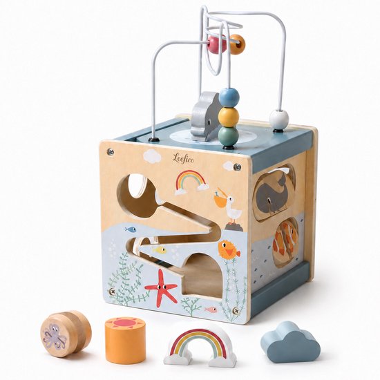 Leefico Houten Activiteiten Kubus - Montessori Speelgoed voor Baby - Sensorisch Educatief Kinderspeelgoed 1 jaar - Blauw van Leefico
