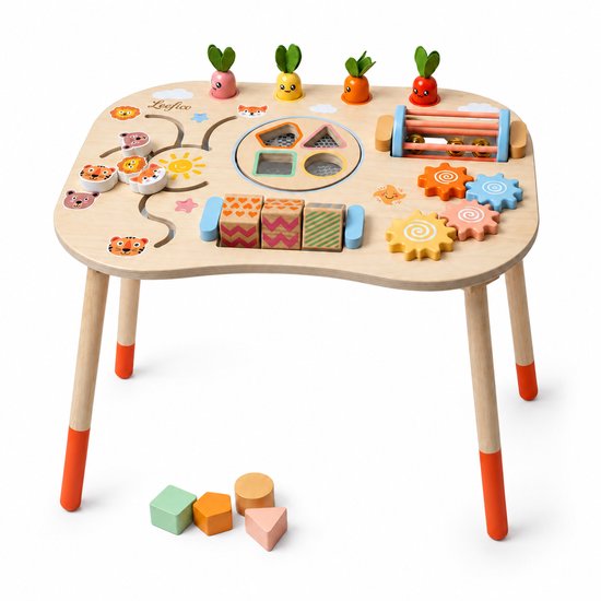 Leefico Houten Activiteiten Tafel Oranje - Montessori Activiteiten Tafel met Houten Educatief Speelgoed - Voor Peuters en Kleuters van 1 tot 4 Jaar - Stimuleert Motoriek en Creativiteit van Leefico