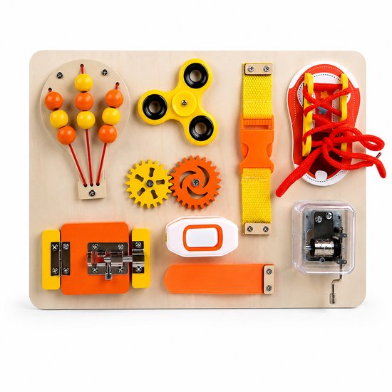 Leefico Houten Busy Board Oranje - Montessori Activiteitenbord Sensorisch Educatief Speelgoed - Baby Peuter Activiteitenboek Reisspeelgoed – Speelgoed 1 jaar – Speelgoed 2 Jaar