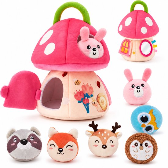 Leefico Pluche Speelgoed Paddestoel Roze - Sensorisch Baby Speelgoed voor Meisjes - Baby Speelgoed 6-12 maanden - Montessori Speelgoed voor Peuter Meisje - Kinderspeelgoed met Educatieve Activiteiten - Baby Cadeau voor Meisjes