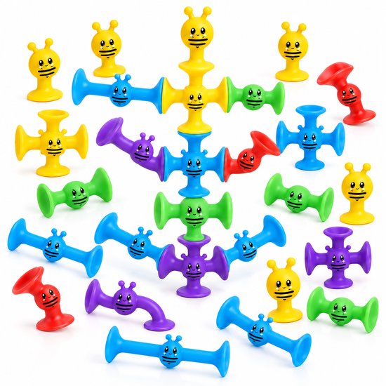 Leefico Siliconen Zuignap Speelgoed – Badspeelgoed & Sensorisch Speelgoed – Set van 27 Stuks – Smiley Bij Figuurtjes – Badspeeltjes voor Peuters van Leefico
