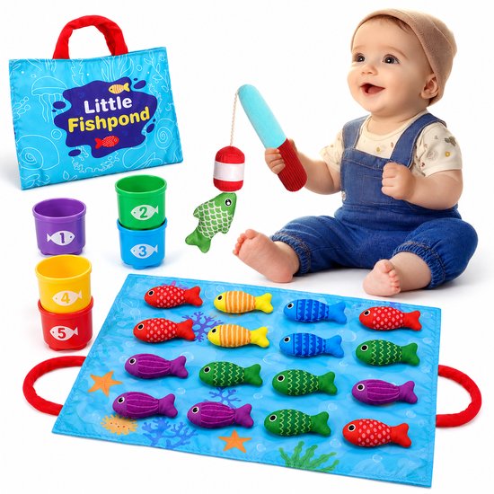Leefico Stoffen Visspel Set Blauw - Sensorisch Speelgoed - Montessori Speelgoed 1 jaar - Baby Speelgoed 6 Maanden - Speelgoed 2 Jaar - 22-Delig - Vissenspel Baby