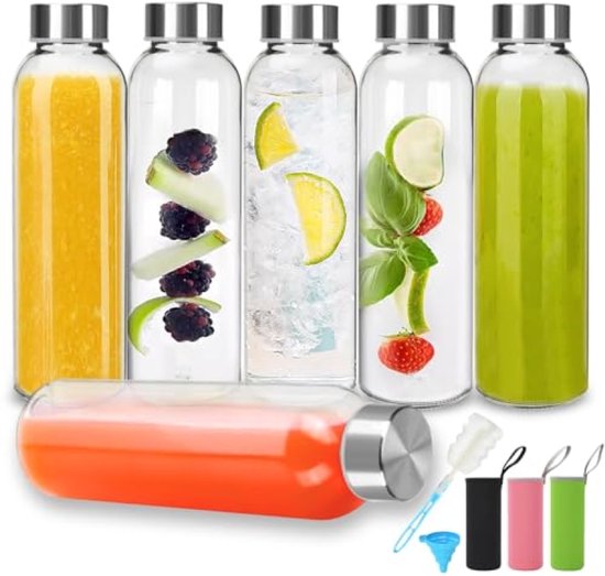 Lege Glazen Flessen 500ml - 6 Stuks met Deksels, Herbruikbaar voor Water, Smoothies, Sap