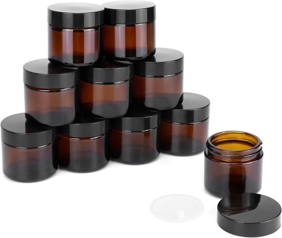 Lege glazen potten met zwarte deksels - Set van 10 stuks - 60 ml - Amberkleurig - UV-beschermend - Voor etherische oliën en lotions