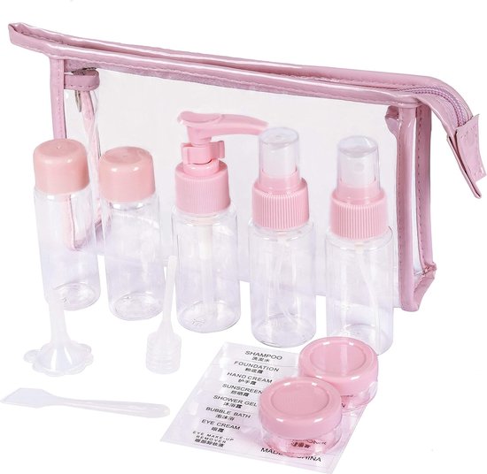 Lege reisflessen set kleine cosmetische container, navulbaar voor vliegtuigshampoo vloeistof draagbare vlucht handbagage accessoires met transparante toilettas, 12 stuks, roze van Moseemee