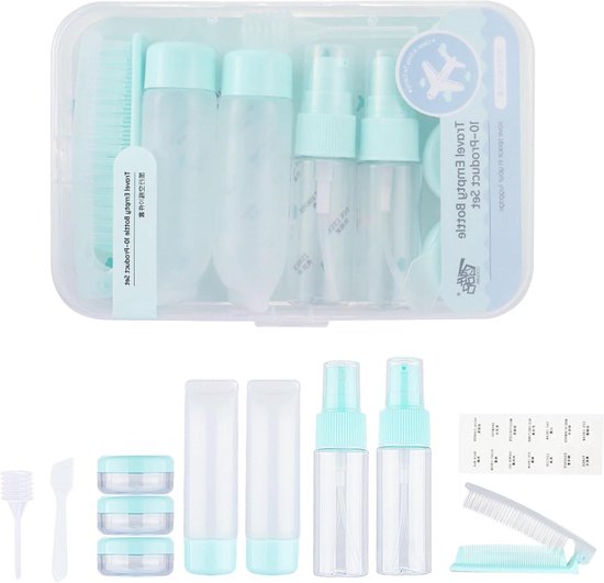 Lege reisflessenset voor cosmetica en toiletartikelen (10 stuks) met kleine trechter. Geschikt voor vliegreizen, shampoo, lotion en zakenreis.