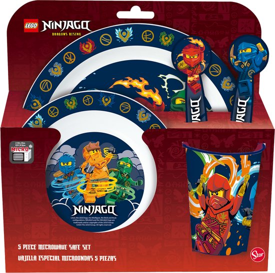 LEGO Ninjago Kinderservies - 5-delig - Herbruikbaar - Inclusief bord, kom, bestek en beker - Vaatwasser- en microgolfbestendig & BPA-vrij - Wit/Donkerblauw