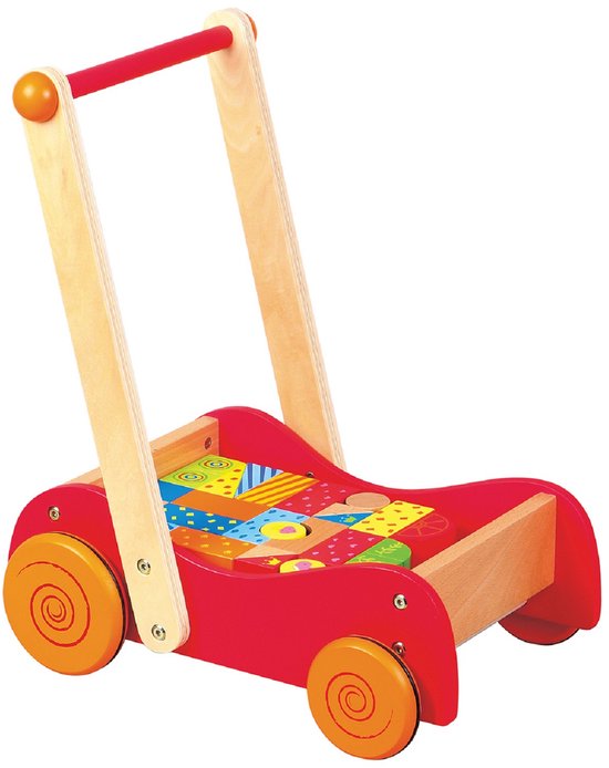 Lelin® Houten Loopwagen met 30 Blokken – Houten Speelgoed voor Leren Lopen en Stapelen – Vanaf 1 Jaar