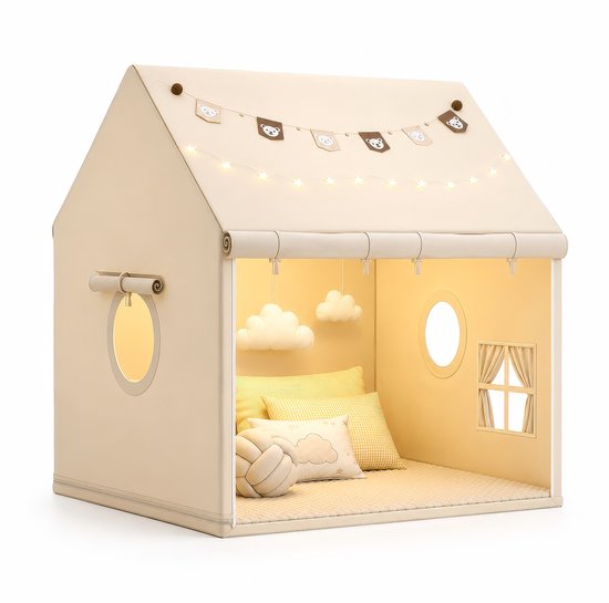 Lemlit Kindertent 120 x 105 x 130 cm - Speeltent met Speelmat Lichtslinger en Wolkendecoratie - Speelhuis met Grote Opening en Ramen - Beige