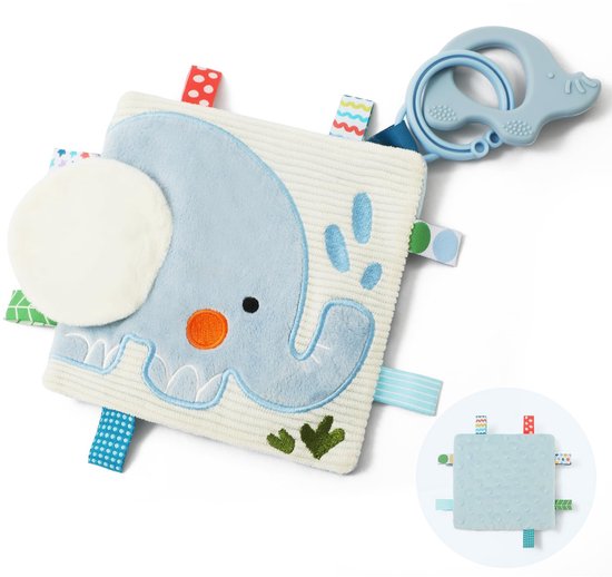 let's make Olifant sensorisch knuffeldoek met vlaggen, Minky-noppenstof, knikjesdoek, kinderwagenspeelgoed met siliconen bijtring, babycadeau