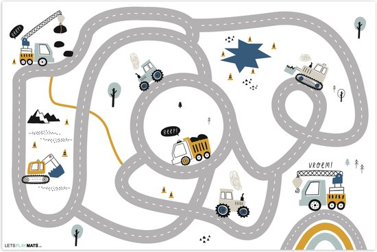 LetsPlaymats® Speelmat baby kinderen - Bouwplaats - Graafmachine - Auto - Regenboog - Design - Speelkleed van vinyl – Speeltapijt - Antislip - 105x70 cm van LetsPlaymats®
