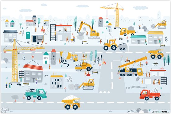 LetsPlaymats® Speelmat baby kinderen - Bouwplaats - Tractor - Graafmachine - Auto - Design - Speelkleed van vinyl – Speeltapijt - Antislip - 105x70 cm van LetsPlaymats®