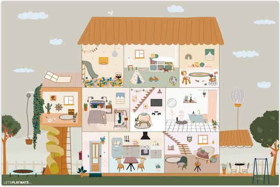 LetsPlaymats® Speelmat baby kinderen - Poppenhuis - Kinderen - Meubels - Design - Bruin - Speelkleed van vinyl – Speeltapijt - Antislip - 135x90 cm van LetsPlaymats®