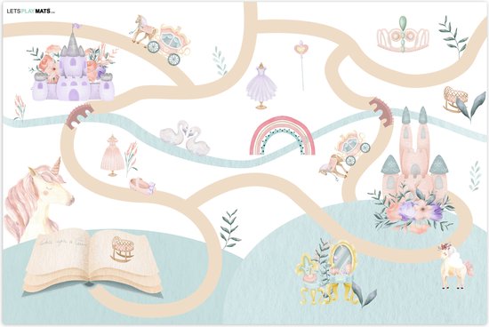 LetsPlaymats® Speelmat baby kinderen - Prinses - Kasteel - Bloemen - Eenhoorn - Meisjes - Speelkleed van vinyl – Speeltapijt - Antislip - 135x90 cm van LetsPlaymats®