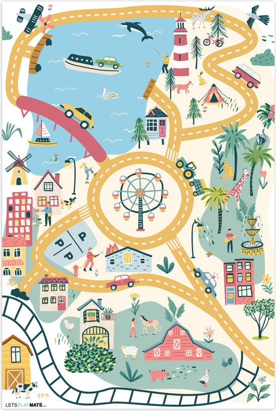 LetsPlaymats® Speelmat baby kinderen - Reuzenrad - Stad - Dieren - Auto - Kinderen - Speelkleed van vinyl – Speeltapijt - Antislip - 90x135 cm van LetsPlaymats®