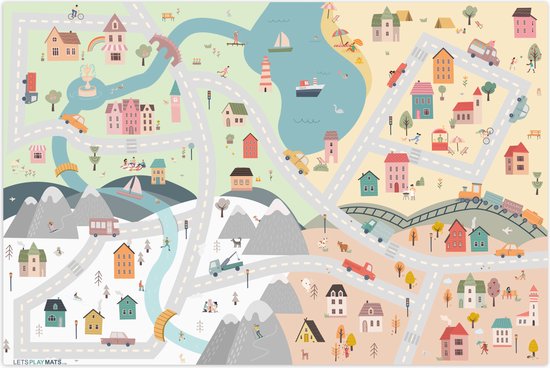 LetsPlaymats® Speelmat baby kinderen - Seizoenen - Stad - Huizen - Weg - Kinderen - Auto - Speelkleed van vinyl – Speeltapijt - Antislip - 180x120 cm van LetsPlaymats®