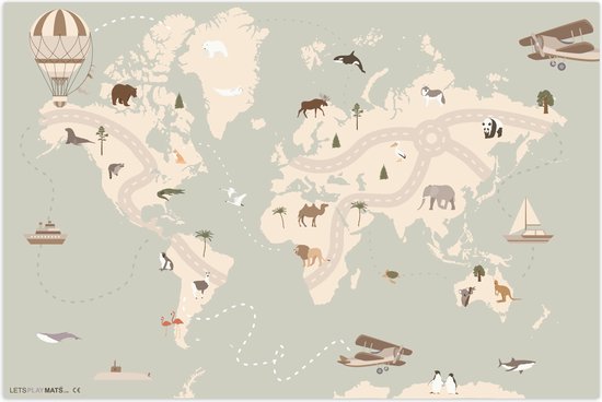 LetsPlaymats® Speelmat baby kinderen - Wereldkaart - Dieren - Vliegtuig - Kind - Luchtballon - Speelkleed van vinyl – Speeltapijt - Antislip - 105x70 cm van LetsPlaymats®