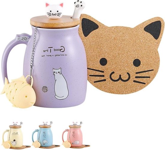 Leuke Keramische Koffiekop met Mooie Kitty deksel LepelOchtend - Thee Melk Kerst Mok 380ML van LepelOchtend