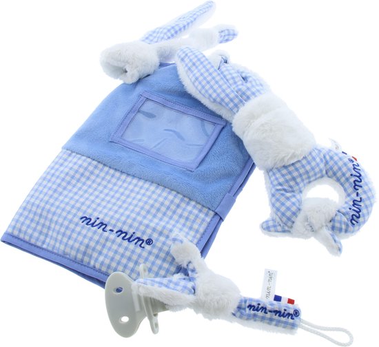 Leuke Nin Nin baby set Jongen Rammelaar , Speenhouder, Kraamboekomslag  - Blauw van Little Dutch