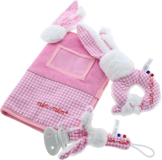 Leuke Nin Nin baby set Meisje Rammelaar , Speenhouder, Kraamboekomslag  - Roze van Nin Nin