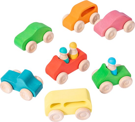 LiasToys® - Auto Set 7-delig Montessori |7 Gekleurde Houten Auto's + 3 Pegdolls - Houten speelgoed van LiasToys®