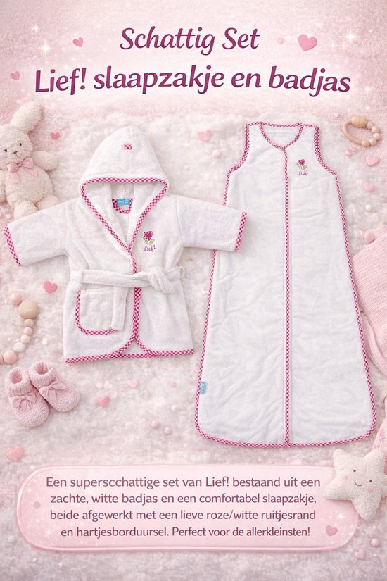 Lief! Baby Set – Badjasje & Slaapzak – voor meisjes-1-2 jaar- Zacht Wit met Roze Details van Merkloos
