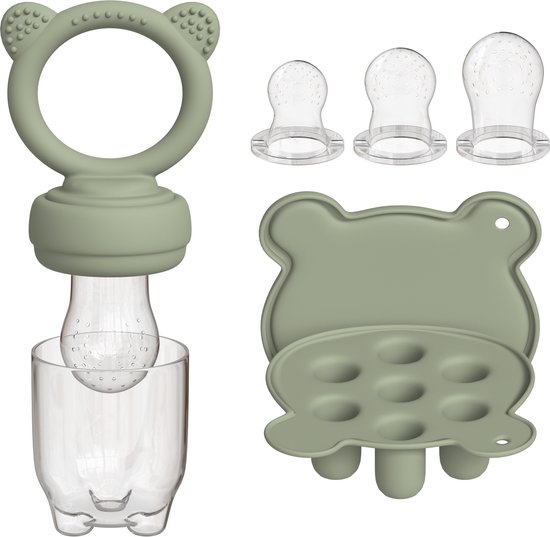 Liefjes & Co Fruitspeen & IJsblokjesvorm - Baby Speen met Bijtring - BPA-vrij Siliconen - 3 Speenmaten S/M/L - Sage Groen
