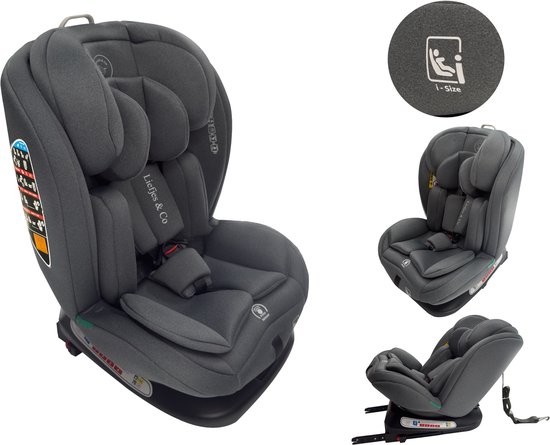 Liefjes & Co Growsafe Autostoel – i-Size 4-in-1 – 360° Draaibaar – ISOFIX & Top Tether – Groep 0/1/2/3 (40–150 cm) Grijs