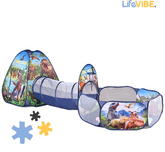 LifeVibe® Speeltent met Tunnel Dinosaurus Thema - Kruiptunnel - Kindertent - Binnen en Buiten - Pop Up Tent - Dino