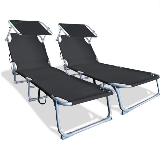 Ligbed Met Zonnescherm - Campingbedjes Verstelbaar en Draagbaar - Opvouwbaar Strandbed Met Zonneluifel - Zwart / 2 Stuks van Lumiere.