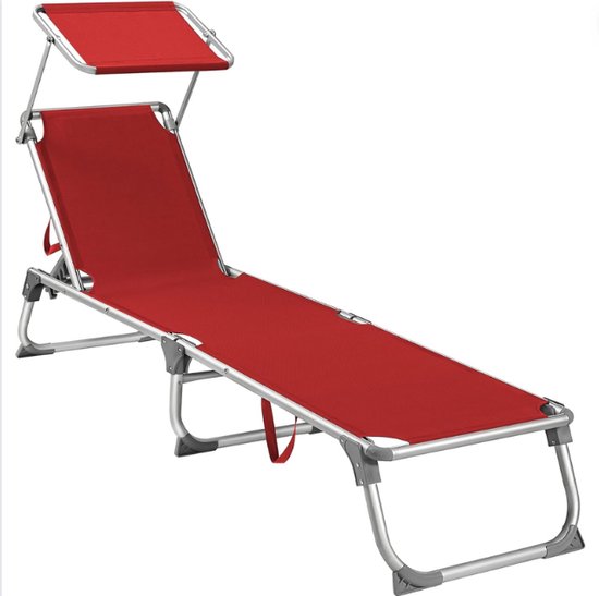 Ligbed Met Zonnescherm - Opvouwbaar Strandbed Verstelbaar en Draagbaar - Campingbedjes Met Zonneluifel - Keuze Uit Diverse Kleuren - Rood van LifeGoods