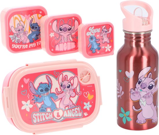 Lilo & Stitch Lunchset 5-delig - Aluminium drinkfles - Lunchbox - 3 snackboxen van Merkloos