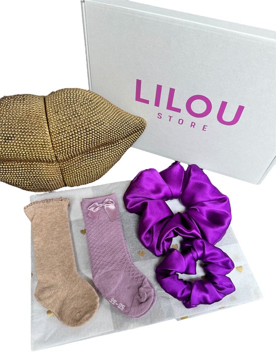 Lilou Store - Moeder & Mini Match Giftset - Kraamcadeau Meisje - Scrunchie - 2 paar Kniesokken - Paars-Bruin - Babyshower cadeau - Geschenkset Baby - van Merkloos