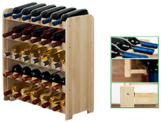 LINE® - Wijnrek - Hout wijnrek- Bottle Rack - 65x63x26,5 cm (LxBxD) - Massief Hout - 30 flessen - Flessenrek Modulair en Stapelbaar - Flessenhouder Staand