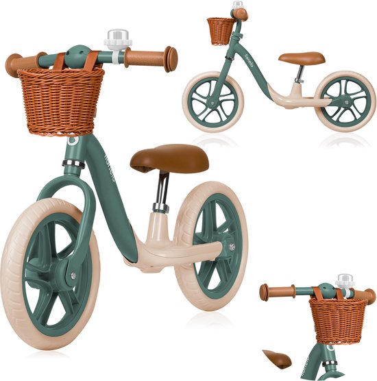 Lionelo Alex Plus – Loopfiets vanaf 3 jaar – 12” Lekvrije Banden – Verstelbaar zadel (30-35 cm) & Stuur (52-58 cm) – Met voetensteun, mandje & bel – 3,4 kg licht – Stuurbegrenzer – Antisliphandvatten – Comfortabel Zitting, Baby Fiets Leren balanceren van LIONELO