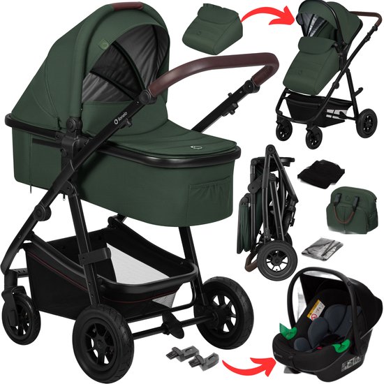 Lionelo Amber Kinderwagen 3 in 1 – Reiswieg + Wandelwagen + Astrid i-Size Autostoel met ADAC – 0-22 kg – Grote Luchtbanden – Volledige Vering – Omkeerbare Zitting – XXL Zonnekap UPF50+ – Verstelbare Duwstang – Accessoireset