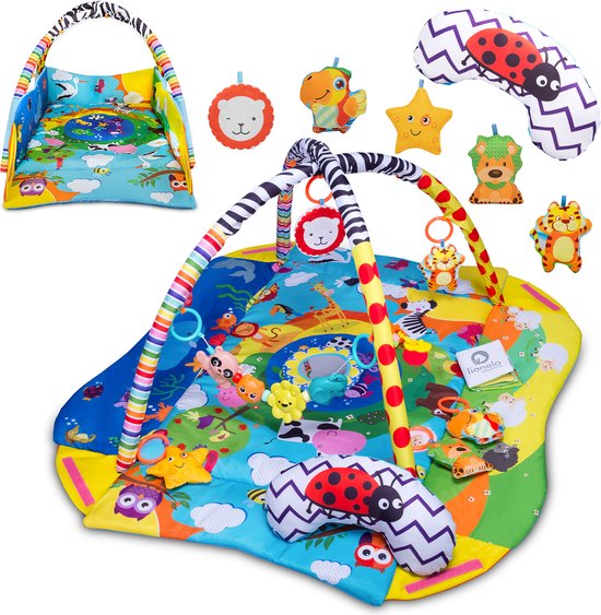 Lionelo Anika Plus 2-in-1 Babygym & Speelkleed – Met Verhoogde Randen (Boxfunctie) – Inclusief Tummy Time Kussen, Interactief Boekje & 5 Speeltjes – 115x110 cm van Merkloos
