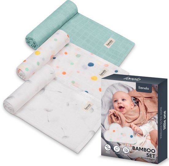Lionelo Bamboo SET - 100% Bamboe Katoen Luiers - Set van 3 Stuks - 70 x 70 cm - Hypoallergeen - Antibacterieel - Thermoregulerend - Ademend & Zacht - Veelkleurig - Wasbaar - Vanaf Geboorte van LIONELO