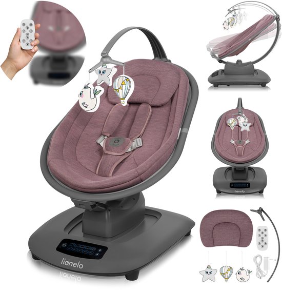 Lionelo Blossom Elektrische Schommelstoel – 5 Schommelstanden – Ademend Bamboe Stof – Afstandsbediening – 5 Melodieën & Natuurgeluiden – Wipstoel Baby's – Traploze Verstelling – 5-Punts Gordel – Geschikt tot 9 kg van LIONELO