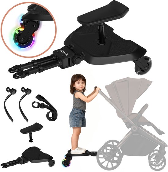 Lionelo Buggy Board Meerijdplankje - Kinderwagen-opstapje - Zit- en Sta-optie - Universeel - LED-wielen - Verstelbaar Zitje - Antislip Platform - Tot 25 kg - 2-5 jaar - Eenvoudige Montage van Merkloos