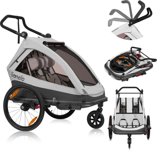 Lionelo Cama Fietskar 2in1 - Fiets aanhanger + Kinderwagen voor 2 Kinderen - 360° Voorwiel - 60L Bagageruimte - Full Vering - 5-Punts Gordels - Grote Luchtbanden - UPF50+ & Waterafstotend - Kinderfietskar & Buggy Inklapbaar - Wandelwagen - Tot 2x22kg