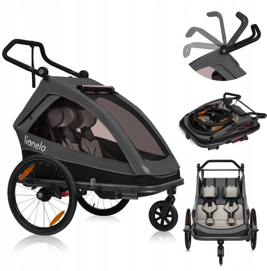 Lionelo Cama Fietskar 2in1 - Fiets aanhanger + Wandelwagen voor 2 Kinderen - 360° Voorwiel - 60L Bagageruimte - Full Vering - 5-Punts Gordels - Grote Luchtbanden - UPF50+ & Waterafstotend - Kinderfietskar & Buggy Inklapbaar - Kinderwagen - Tot 2x22kg