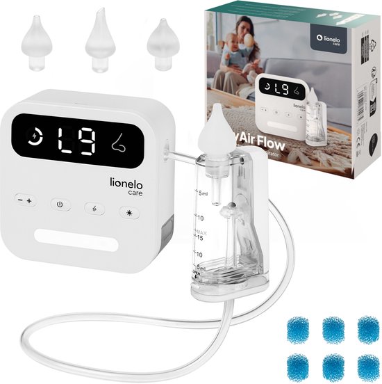 Lionelo Care BabyAir – Neusreiniger Baby – Krachtige Neuszuiger: 65 kPa – Zuigkracht 7,5 l/min – Draadloos: 1500 mAh – LED Nachtlicht – 9 Zuigstanden – 3x Zachte Siliconen Tips – USB-C – Elektrische Neuspeer / Aspirator – Neusdouche van Merkloos