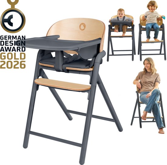 Lionelo Celia 3-in-1 Houten Kinderstoel – Van Baby tot Volwassene – Verstelbare Zitting & Voetsteun – 5-punts Gordel – Eco-leer Bekleding – Inclusief BabySet & Eetblad – Draagvermogen tot 110 kg