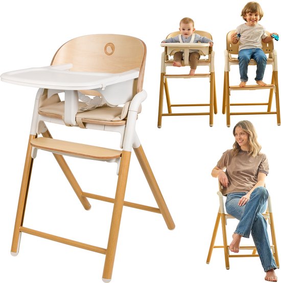 Lionelo Celia 3-in-1 Houten Kinderstoel - Van Baby tot Volwassene - Verstelbare Zitting & Voetsteun - 5-punts Gordel - Eco-leer Bekleding - Inclusief BabySet & Eetblad - Draagvermogen tot 90 kg van LIONELO