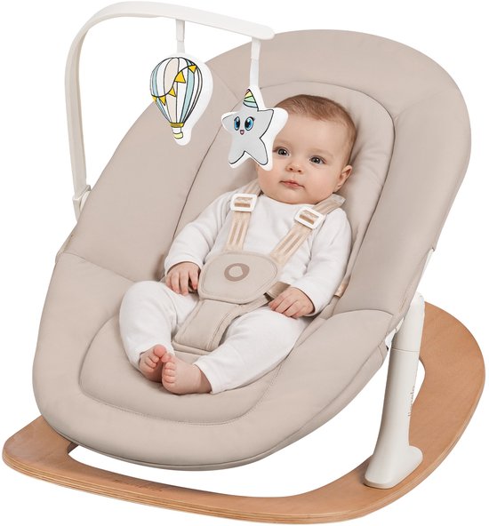 Lionelo Celia Rocker - Wipstoel Baby - Houten - 2 rugstanden - 5-puntsgordel - Speelboog met 2 speeltjes - Wood - Bouncer / Swing van LIONELO