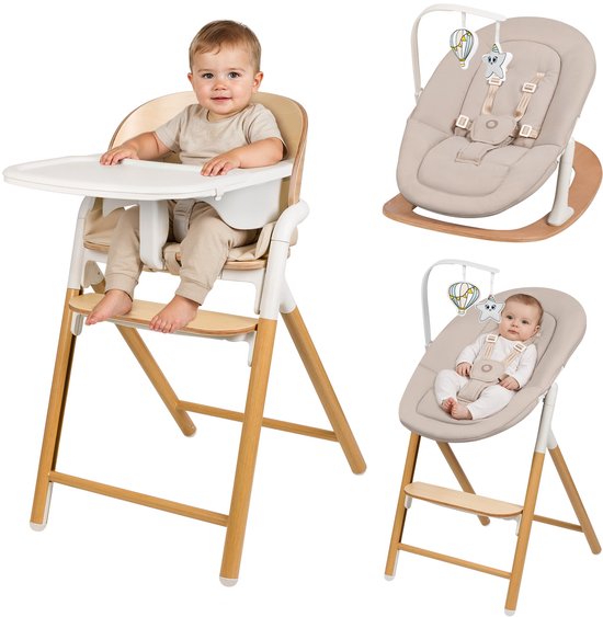 Lionelo Celia Set – 4-in-1 Wipstoel & Houten Kinderstoel – BabySet & 5-puntsgordel – Verstelbare Zithoogte & Voetsteun – Voor Baby, Peuter & Volwassene – Premium Beukenhout – Inclusief Speelboog en Blad